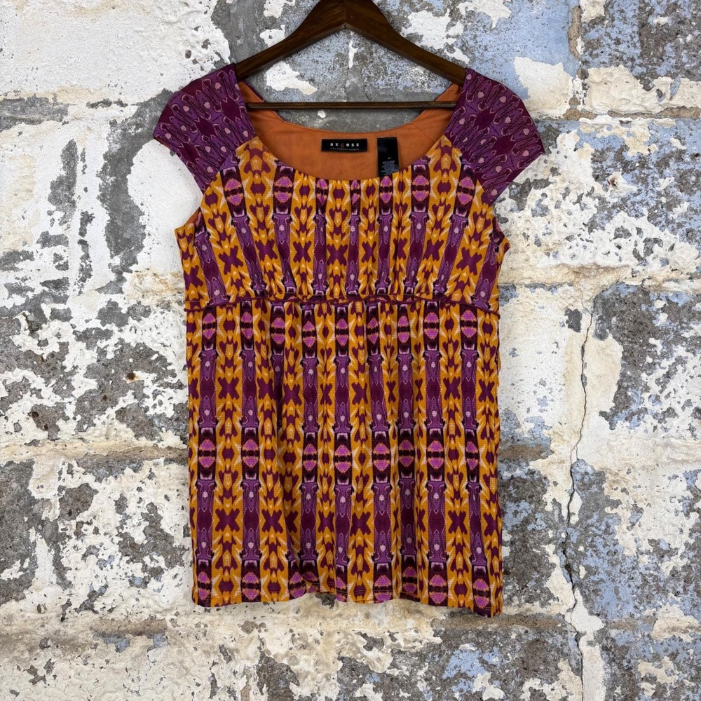 Y2K Axcess Orange Purple Ikat Geometric Empire Waist Cap Sleeve Top M